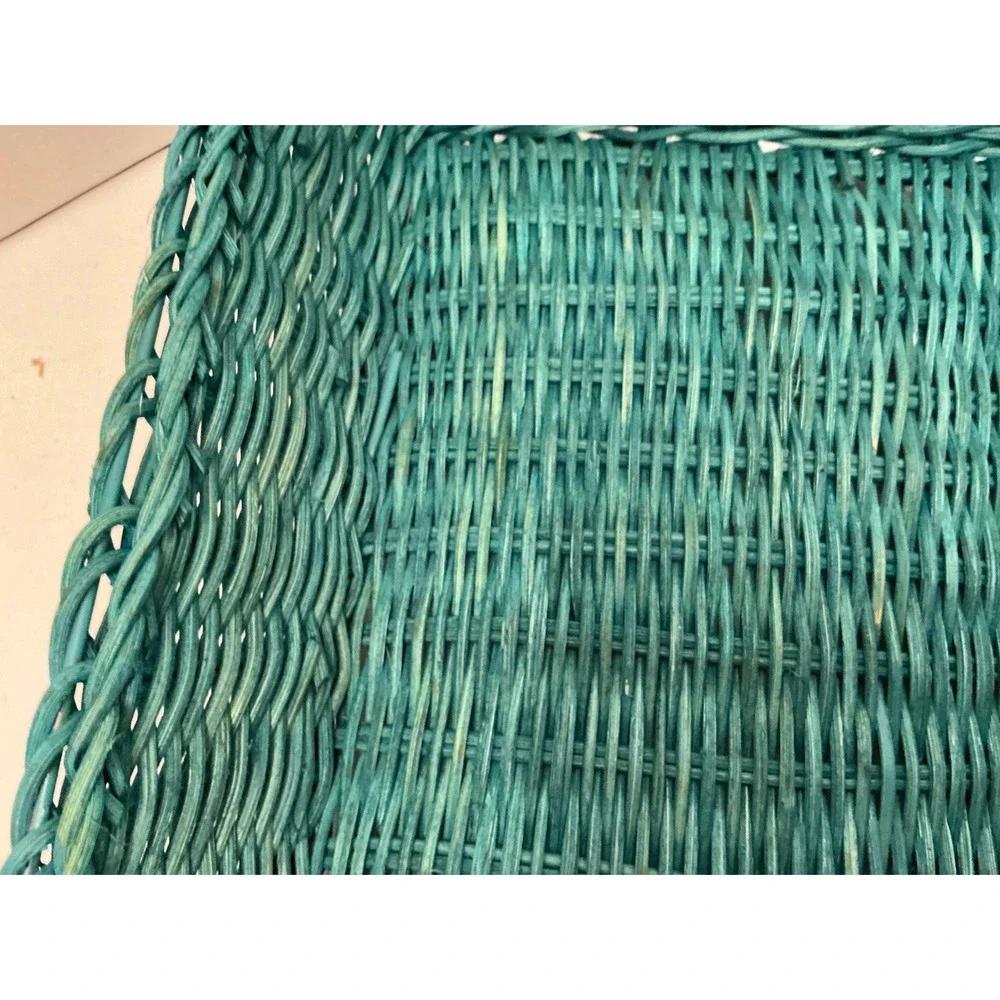 Vintage Wicker Basket Teal‎ Woven Wood Handles 11x8 Cottagecore